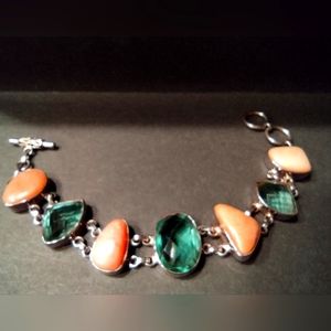 Pink opals, faceted aquamarines set in 925 stamped silver bracelet Handcrafted